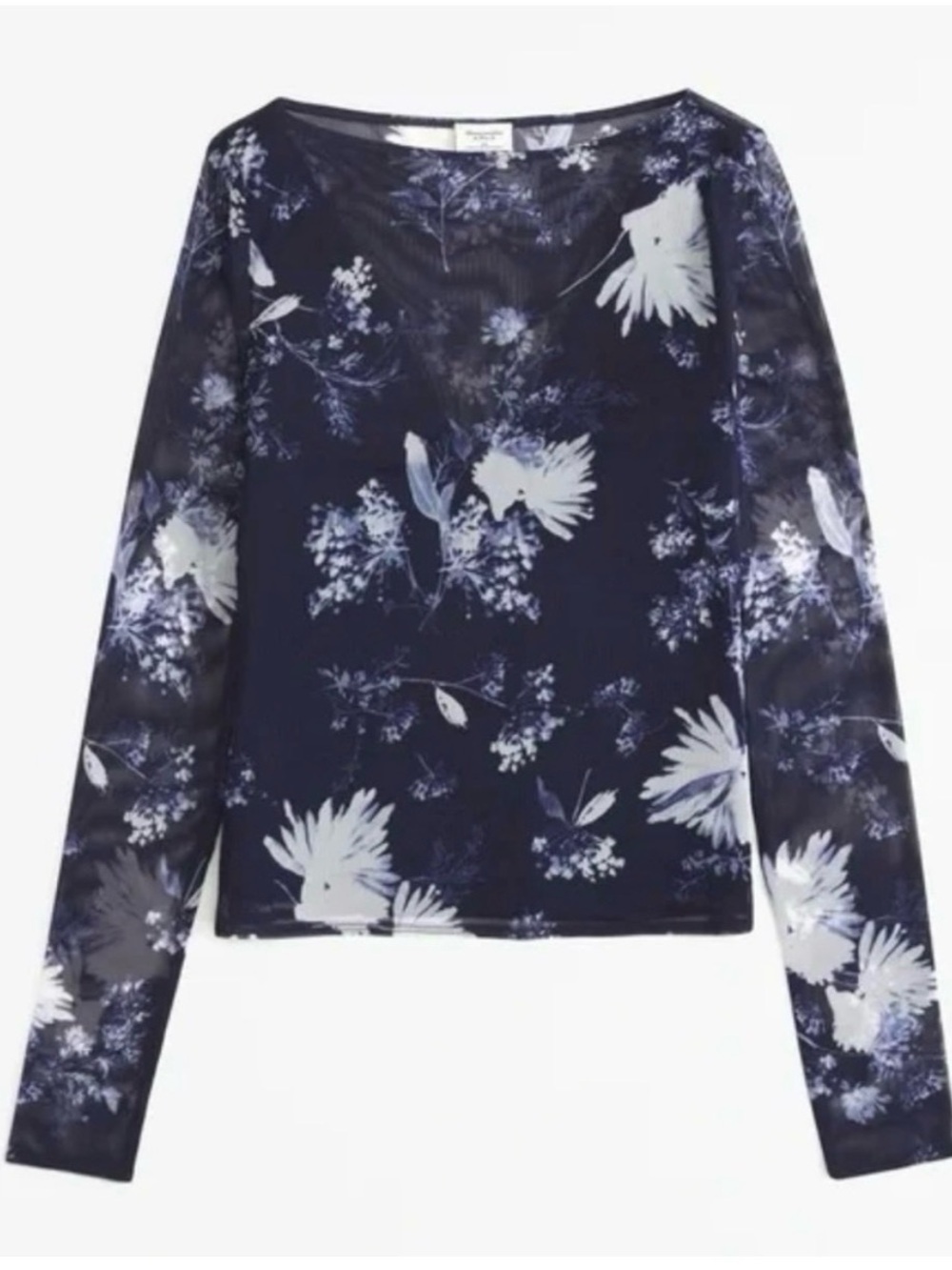 Abercrombie Women's Navy Floral Sheer Long-Sleeve Top